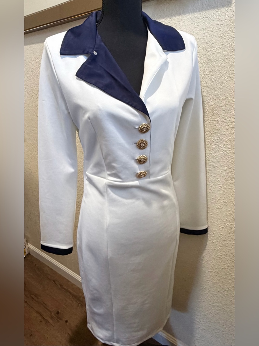 New Classic White Dress with Navy Trim - Elegant Button-Front Women’s Dress